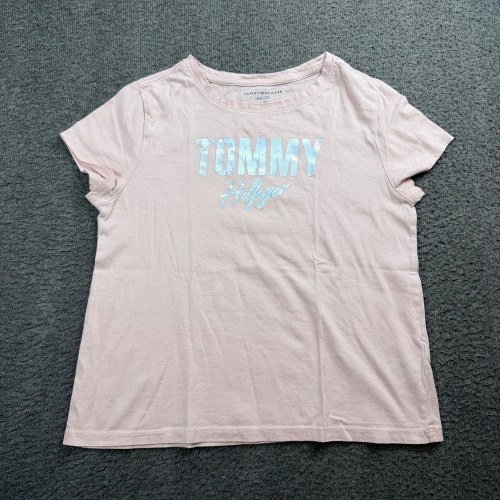 Tommy Hilfiger Graphic Tee Girls Size L (12-14) Pink Iridescent Logo Shirt